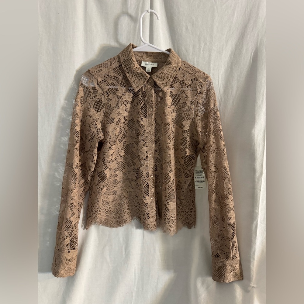On 34th Button Up Lace Blouse - Tan